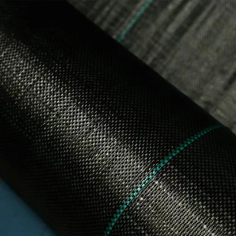 Wholesale Recyclable PP Woven Fabric Roll, 90 GSM Landscaping Fabric, Anti Grass Polypropylene Woven Cloth, Black Ground Cover, Weed Control Mat with Green Line