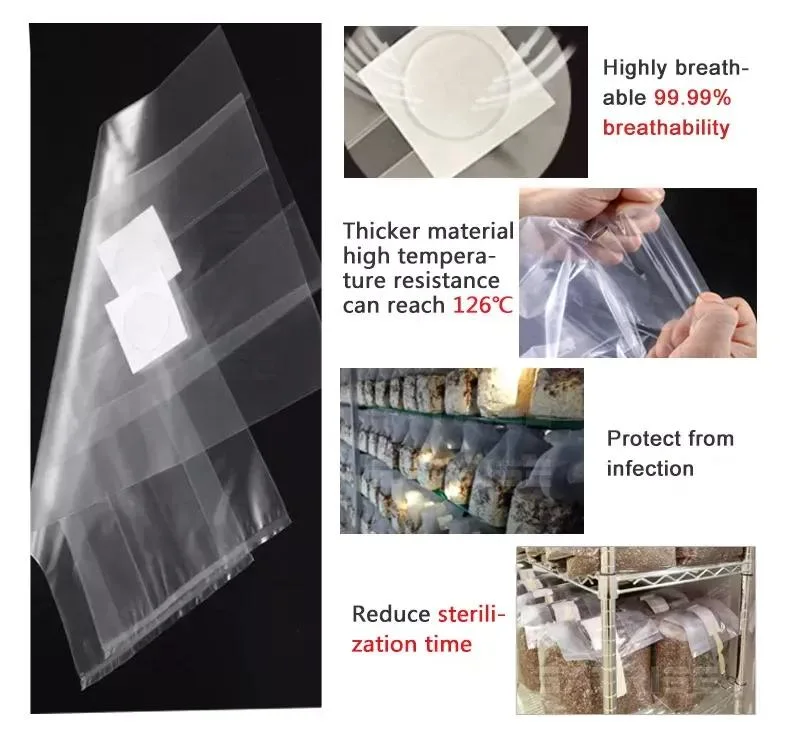 Size Customizable 60um Autoclavable Gusseted 0.2/0.5 Micron Filter Breathable PP Plastic Mushroom Grow Bags Spawn Cultivation Bags